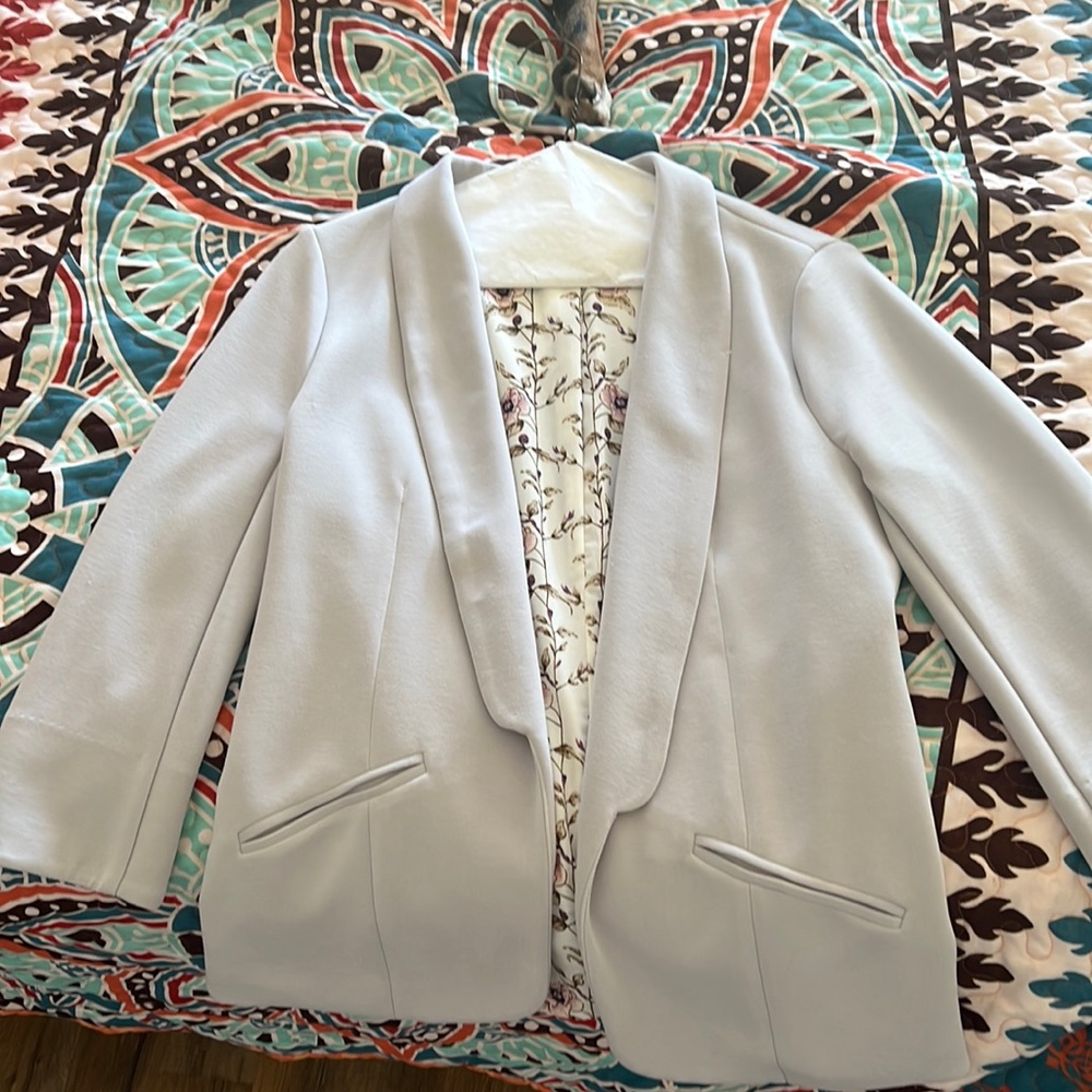 Skies are blue  silver or light grey fitted blazer.